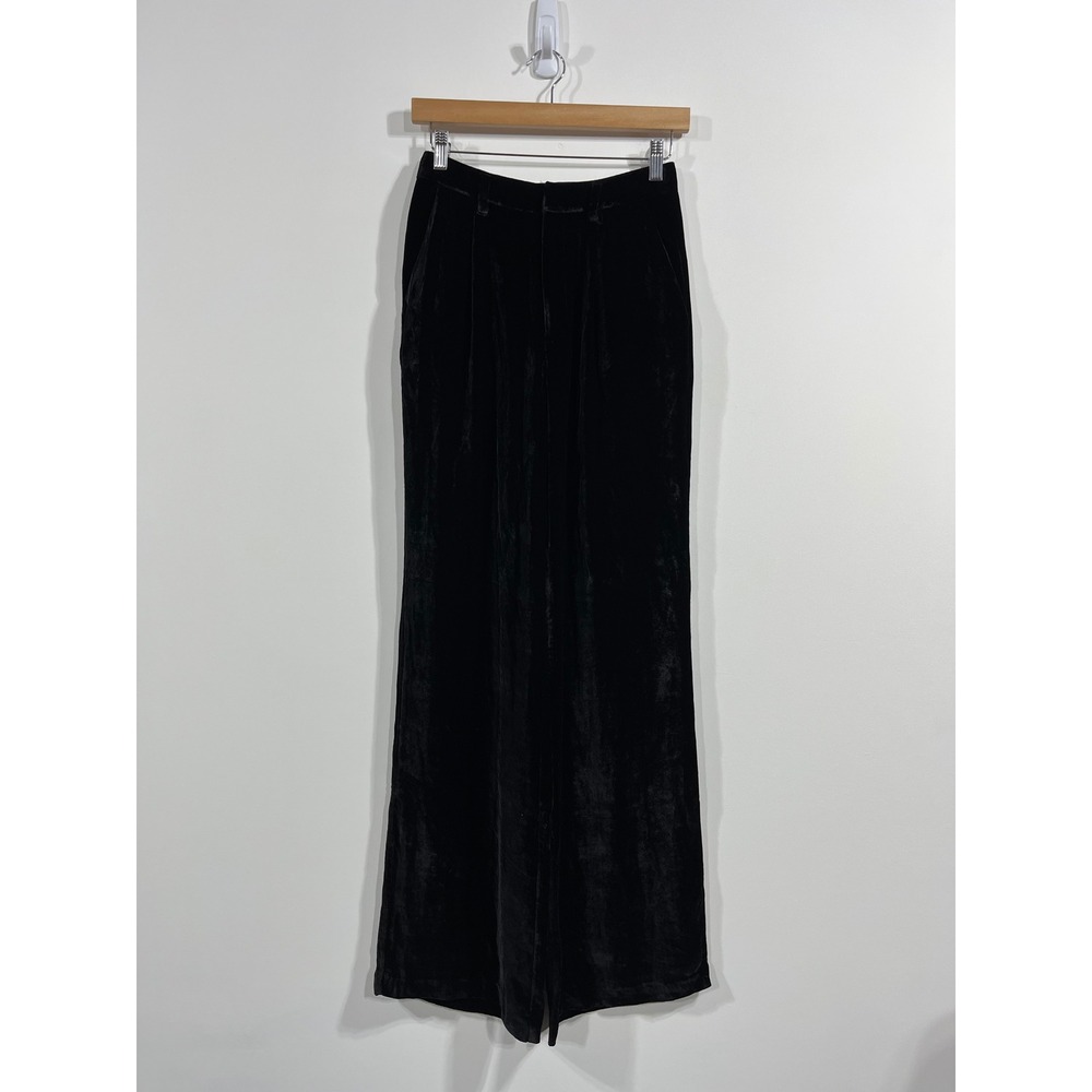 Reformation Black Velvet Silk Wide Leg High Rise Trousers Belt Loops‎ Womens 0 - Picture 2 of 16